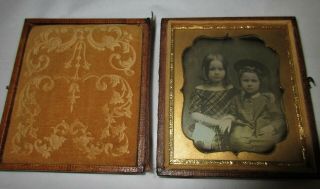 Antique Photograph Daguerreotype Dag Of 2 Girls W/hats / Purse Brown Case,