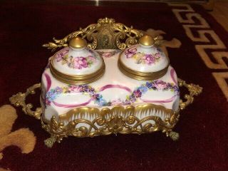Limoges Porcelain Double Inkwell Floral Motif Gilt Accents France Paw Feet