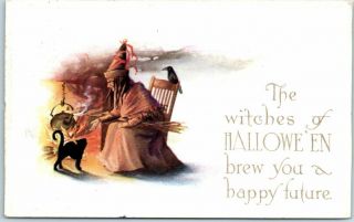 Vintage Gibson Postcard " The Witches Of Halloween Brew You A Happy Future " 1912