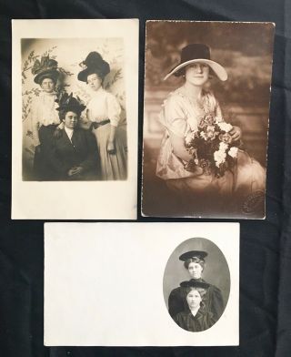 3 Antique Real Photo Postcards C1910 Fancy Dressed Ladies Hats Jewelry Flowers