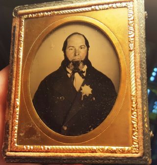 Sixth Plate Ambrotype Of Distinguished Man With Badge On Chest Half Case