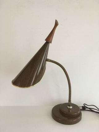 Vintage Desk Lamp Metal Faux Wood Goose Neck Mid Century Pierced Cone Atomic