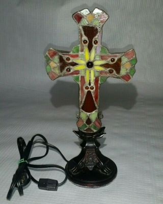Stained Glass Cross Accent Lamp,  Tiffany Style,  Leaded Glass,  Wooden Base,