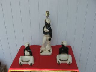 Vtg Chalkware Blackamoor Style Nubian Woman Lamp W/ 2 Figural Incense Holders