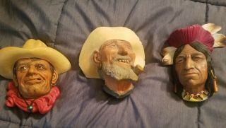 3 Legend Products Bosson Chalkware Heads Rawhide Old Timer And Indian 1970s