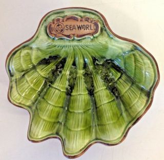 Vintage Sea World Souvenir Clam Shell Dish Treasure Craft Ceramic Usa Green Fun