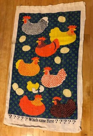 Rare Antique/vintage Which Came First? Chicken Or Egg Linen Cloth Towel Rooster