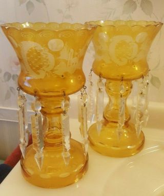 Vintage Pair Mantle Amber Etched Glass Candle Holders Vases With 8 Prisms Each