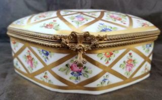 Vintage Hand Painted Jewelry Casket Pink Rose Gold Gilt Signed 7 Inch