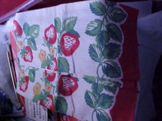 2 Vintage Hand Tea Towels Printed Linen Strawberry Fruits Flowers
