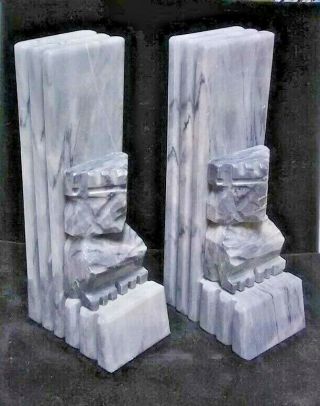 Vintage Aztec Mayan Tiki Carved Marble Bookends – Grey – Set Of 2