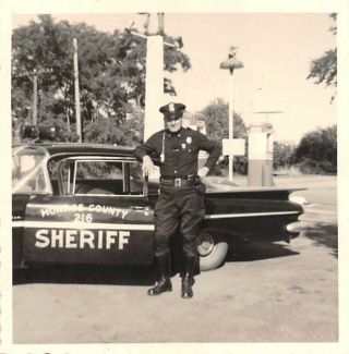 Policeman Standing Beside His Monroe County Sheriff Car,  Vintage Photo Snapshot