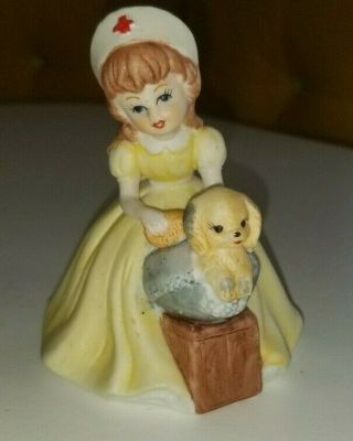 Vintage Ceramic Nurse Girl Figurine Giving Dog A Bath - Made In Korea Yellow Dre