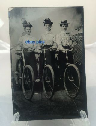 Antique Tintype Photo Victorian Era 3 Ladies Hats Bicycles Big Wheel Vintage