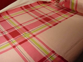 Vintage Mid Century Pink Red & Lime Green Print Tablecloth 52x64