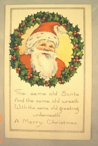 1921 Embossed Christmas Postcard - Santa In A Circle Of Holly With Verse