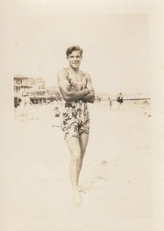 Vintage Photo Muscular Handsome Man Wearing One Piece Bathing Suit Gay Int