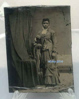Antique Tintype Photo Young Black Woman Holding Book Dress Ruffled Collar Vintag