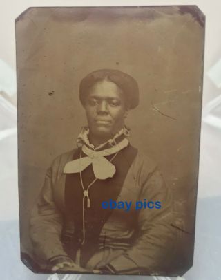 Antique Tintype Photo Stern Look Older Black Lady African American Plain Dress