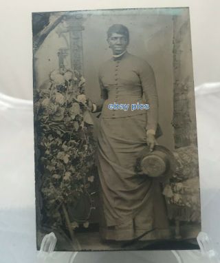 Antique Tintype Photo Tall Black Older Woman Holding Hat Long Dress African Am