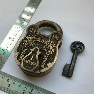An Old Solid Brass Padlock Or Lock With Key Collectible Carving