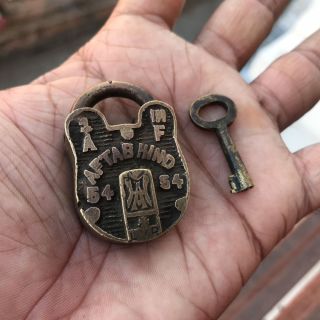 (03) Old Or Antique Solid Brass Padlock / Lock With Key Carving Small Miniature