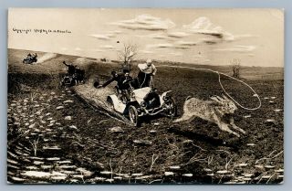 Exaggerated Rabbit Chasing 1909 Antique Real Photo Postcard Rppc Collage Car