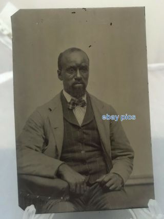 Antique Tintype Photo Black African American Man Seated Plaid Bow Tie Suit