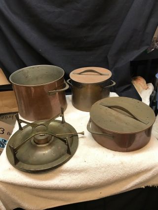 8 Piece Mcm Vintage Copper Warming Pot Set W/unusual Handles (unsigned) Unique