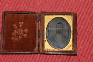 Antique Tin Type Photograph Stern Man W/beard - Leather Case - 1800 