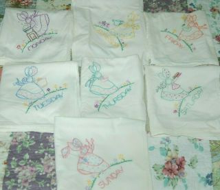 7 Vintage Kitchen Dish Towels W/ Embroidered Days Of The Week Sun Bonnet Lady