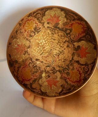 Vintage Small Brass/copper Enamel Bowl Dish Peacock Red Engraved