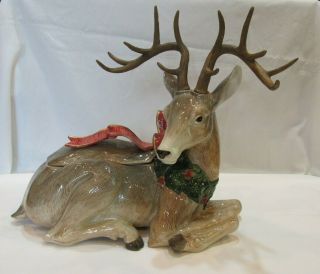 Fitz And Floyd Holiday Leaves Christmas Centerpiece Deer Reindeer Cookie Jar