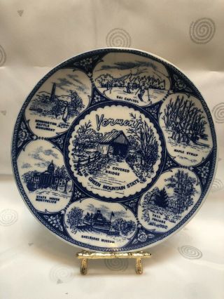 Vintage Vermont The Green Mountain State Decorative Souvenir Plate Blue White