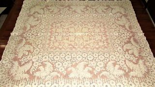 Vtg 62x76 Ivory Dutch Tulip And Fern Cotton Quaker Lace Tablecloth W Loop Edge