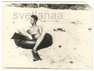 1950s Beach Sea Young Man Posing Shirtless Handsome Guy Trunks Gay Vintage Photo