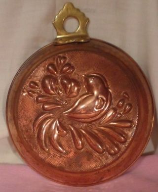 Antique Signed Marked Tin Line Hammered Copper Mold Round Bird Brass Top