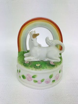 Enesco Unicorn And Rainbow Vintage Porcelain Music Box Plays Over The Rainbow