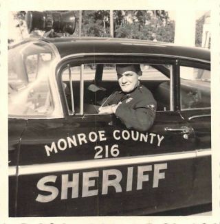 Policeman Framed In His Monroe County Sheriff Car,  Police Vintage Photo Snapshot