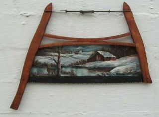 Antique Wooden Hand Buck Bow Saw W/ Hand Painted Scene 35 "