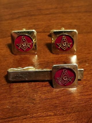 Vtg Swank Freemason Masonic Silver With Red Tie Clasp & Gold With Red Cuff Links