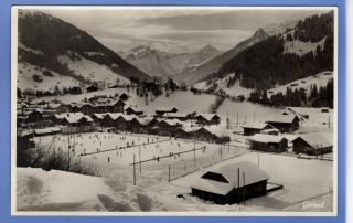1930c Gstaad Switzerland Ice Skating Hockey Rp Photo Vintage Postcard