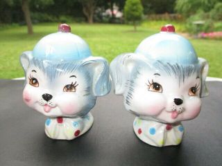 Salt Pepper Shakers Lefton Miss Priss Puppy Pals Dogs In Blue With Polka Dots