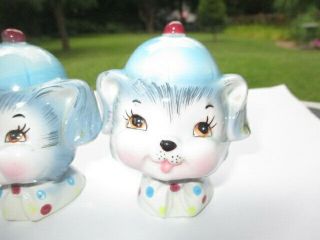 SALT PEPPER SHAKERS LEFTON MISS PRISS PUPPY PALS DOGS IN BLUE WITH POLKA DOTS 3
