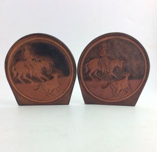 Antique Vintage Tooled Leather Cowboy Bookends Signed