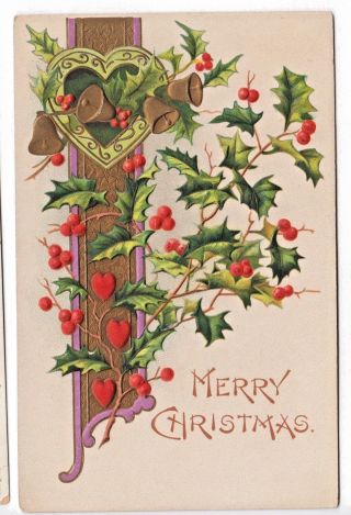 Vintage Merry Christmas Amb Postcard W Holly & Red Hearts & Gold Gilt