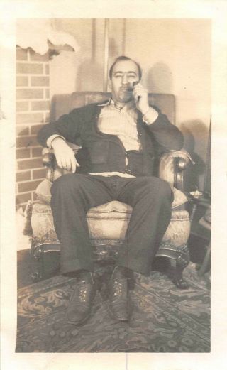 Enjoying A Pipe Smoke In His Favorite Chair,  Man,  Vintage Photo Snapshot