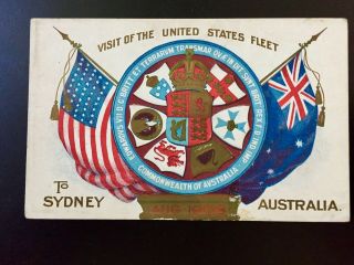 Visit Us Navy Great White Fleet Postcard Sydney Australia Flags 1908