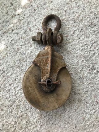 Antique Metal Pulley With Wooden Wheel,  Large,  12.  5”x6”x4”