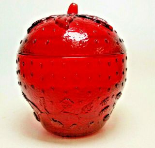 Longaberger Glass Ruby Red Strawberry Jam Jar Collectors Club Candy Dish